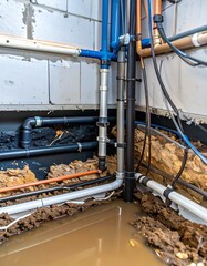 Plumbing and pipes in a damp basement