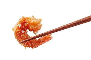 Chopsticks Holding Single Fried Shrimp on Transparent Background
