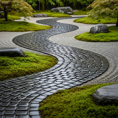 Obraz premium A single, perfectly symmetrical cobblestone path winding through a neatly manicured moss garden, wet from recent rain. Zen garden aesthetic. 