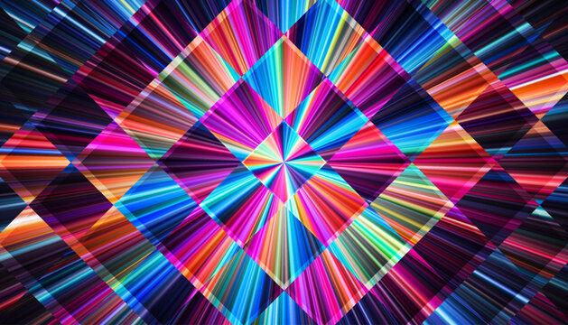 Iridescent geometric converging beams of radiant light through structured fractal glass grid. Colorful shining diamond prism pattern with dazzling interplay of light and geometry for abstract posters