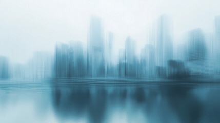 Fototapeta premium Blurred Skyscraper Reflection Background – Modern Architecture and Reservoir Under Blue Sky
