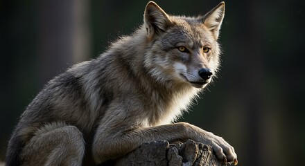 Alert wolf perched on a tree stump looking to the side with sunlight