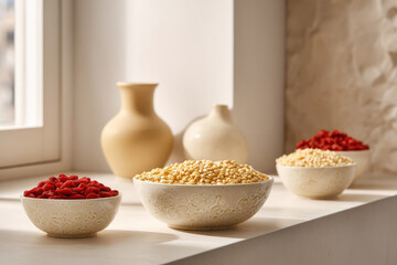 Bowls with grains and dried berries on white windowsill, natural light, minimalistic decor, healthy food, calm atmosphere, neutral tones, home interior