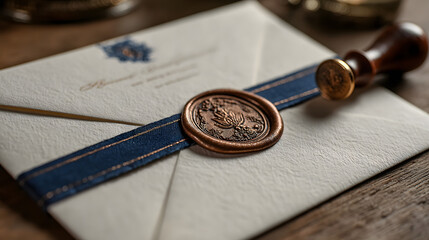 White Envelope with Navy Blue Ribbon and Copper Wax Seal