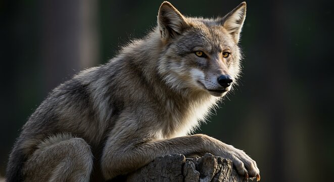 Alert wolf perched on a tree stump looking to the side with sunlight