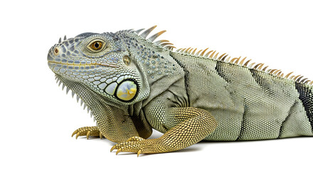 Fototapeta premium Majestic Iguana Portrait: A detailed, close-up photograph showcases the textured skin, sharp scales, and piercing gaze of a vibrant iguana.