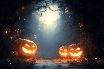Jack-o'-lanterns illuminate a spooky forest path, setting a festive Halloween mood with glowing carved pumpkins and eerie atmosphere.