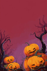 A group of carved pumpkins stacked together in a spooky forest illustration. Perfect for autumn, Halloween, and festive imagery.