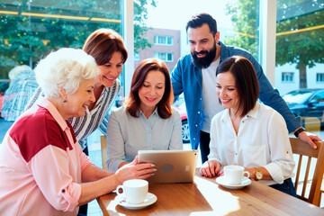 Group of multiethnic adults gathering around table, smiling and interacting while using digital tablet, senior Caucasian woman leading discussion, coffee cups on table