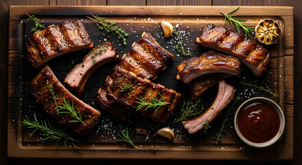 Succulent Ribs Feast: A mouthwatering close-up showcases perfectly grilled ribs, elegantly arranged on a rustic wooden board.
