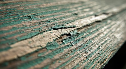 Close up of weathered wooden plank with peeling green paint detail