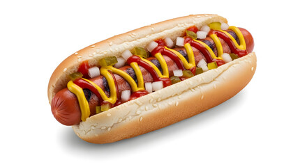 The All-American Treat: A mouthwatering hot dog, generously garnished with fresh toppings and drizzled with savory sauces, nestled in a perfectly toasted bun.