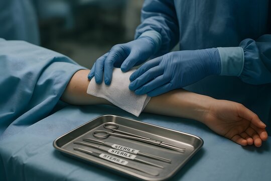 Surgeon&rsquo;s gloved hands applying sterile gauze to a limb in a non-graphic clinical degloving care scene, concept of trauma management and compassionate treatment.