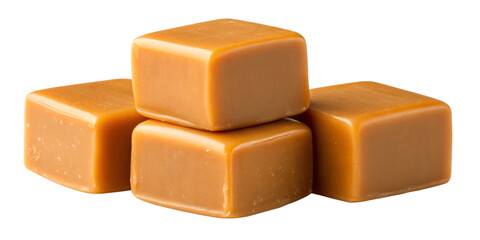 Close-Up of Caramel Candy Squares on Transparent Background
Stacked Golden-Brown Caramels Isolated with Glossy Surface