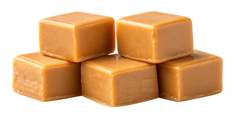 Close-Up of Caramel Candy Squares on Transparent Background
Stacked Golden-Brown Caramels Isolated with Glossy Surface