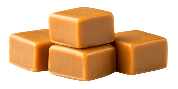 Close-Up of Caramel Candy Squares on Transparent Background
Stacked Golden-Brown Caramels Isolated with Glossy Surface