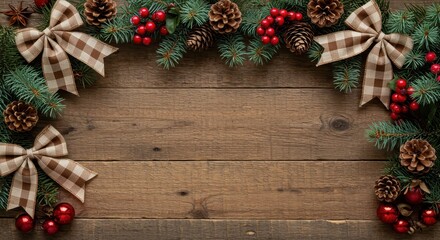Christmas decorations arranged over rustic wooden table surface