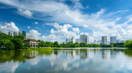 Fototapeta premium City park with lake and skyline