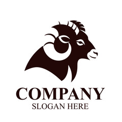 A black silhouette logo of a ram's head with large curved horns, above placeholder text for a company name and slogan.