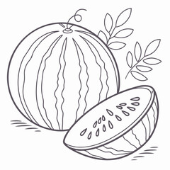 A simple line drawing of a whole watermelon and a slice of watermelon with seeds and leaves on a white background
