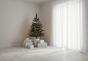 Christmas tree in a photorealistic minimalist white room
