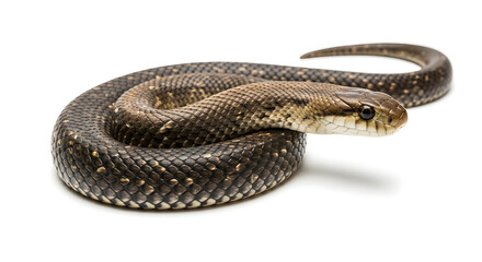 Obraz premium Eastern rat snake on Display: A captivating image presents a singular Eastern rat snake, its scales gleaming. coiled and posed, demonstrating nature's intricate detail and reptilian grace.