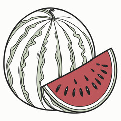A whole watermelon with a slice cut out showing the red flesh and black seeds presented on a white background a refreshing summer fruit illustration