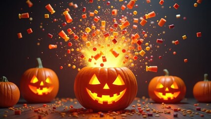 Fototapeta premium Candy Explosion Bursting from Jack-O-Lantern for Halloween Party Banner
