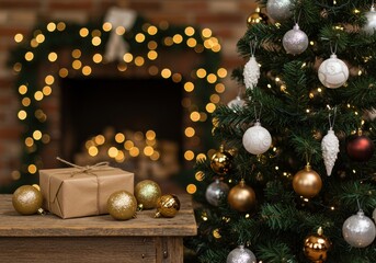 Christmas Tree with Gold Silver Baubles and a Festive Fireplace