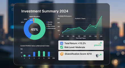 Investment Summary 2024: Capturing the essence of financial planning, with comprehensive data charts presented through a modern, minimalist design.