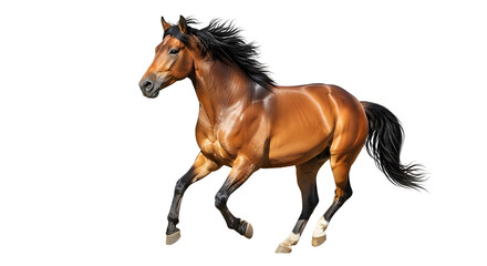 Obraz premium Majestic Horse in Motion: Capturing the grace and power of a solitary brown horse in full gallop, against a clean background.