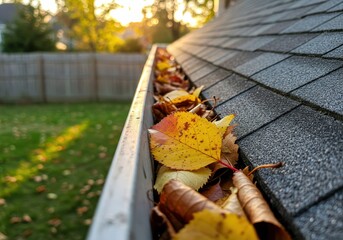 Close up of a house gutter filled with autumn leaves