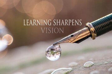 Close up of a fountain pen with a crystal water drop reflecting light