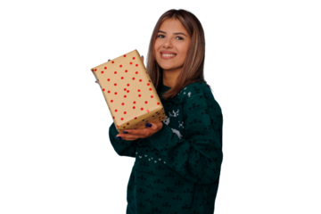 Woman smiling, holding christmas gift box, happy during holiday season, present on transparent background