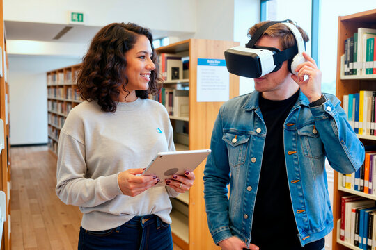 Young adult Caucasian man wearing virtual reality headset interacting with young adult Caucasian woman holding digital tablet in library setting, both standing near bookshelves