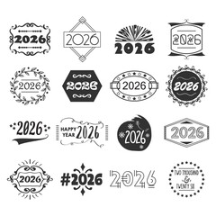 Black ink assorted isolated year 2026 creative design emblems banners and motifs icons set on white background