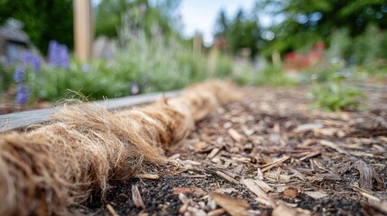 Sharp focus on recycled landscape fabric edge showing natural fibers rest of the garden and mulch fading softly to highlight biodegradable weed control material.