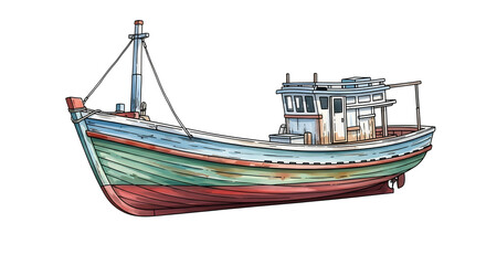 Obraz premium Vivid Fishing Boat: A rustic, detailed fishing boat rests in a tranquil setting, the image highlighting its weathered charm and vibrant colors. 