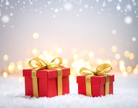 Two red gift boxes with gold ribbon on snow, bokeh lights