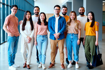Group of young adult multiethnic men and women standing together in modern office hallway smiling at camera, diverse team posing for group photo, casual business environment