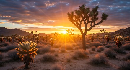 Desert landscape at sunset with joshua trees and vibrant sky