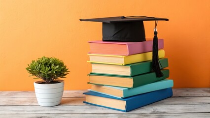 Colorful stack of books with graduation cap