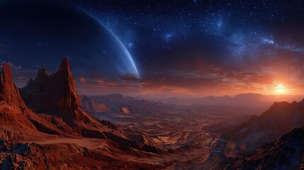 Alien Planet Sunset Landscape: Red Mountains and Starry Sky