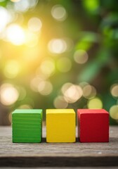 Colorful wooden blocks arranged on a table with green backdrop