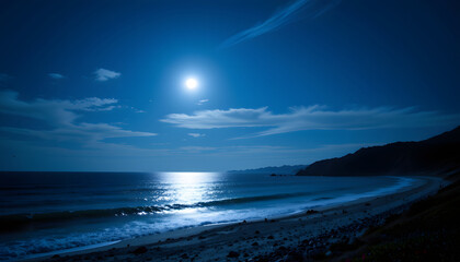 Peaceful Seaside Night with Crescent Moon Silhouette