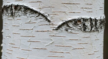Close up of white birch tree trunk showing texture and natural patterns