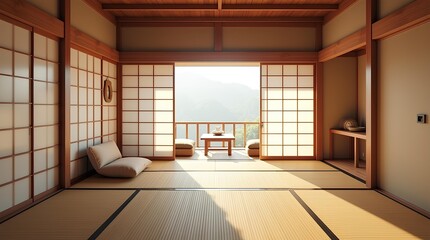 Traditional Japanese Tatami Room with Shoji Doors and Mountain View
