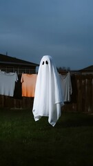 White sheet ghost floating in backyard, a concept on mystery, Halloween, and unexpected presence.