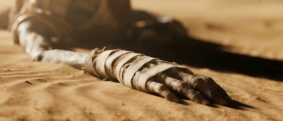Mummified hand on desert sand, a concept on ancient history, forgotten civilizations, and the passage of time.
