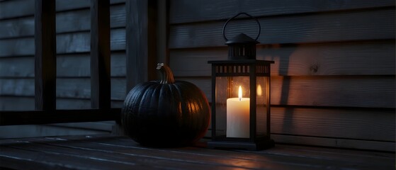 Dark Halloween night scene with black pumpkin and glowing lantern candle, symbolizing mystery, autumn coziness, and festive anticipation.